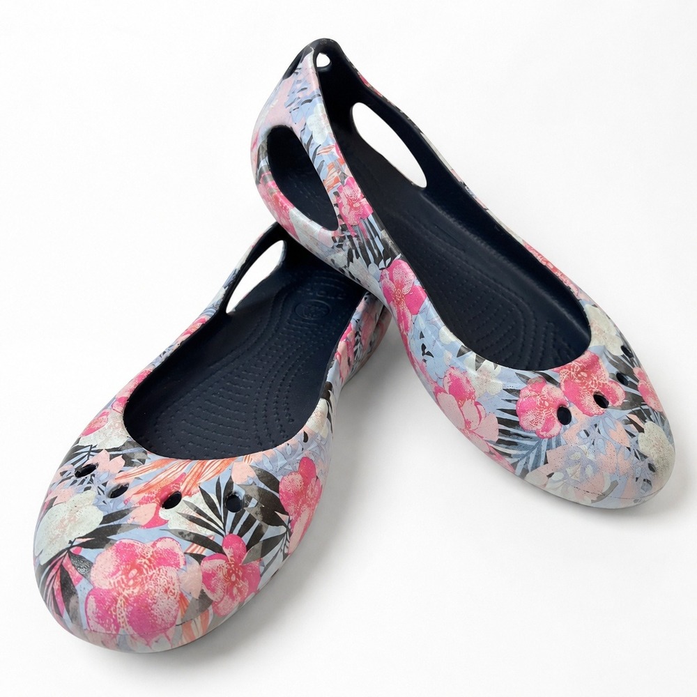 Crocs Womens 8 Floral Ballet Flats Pink Blue Slip On Comfort Shoes